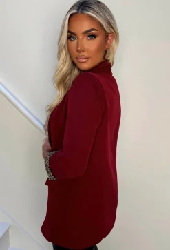 Iconic Chic Cherry Red Shawl Neck Contrast Leopard Trim Blazer