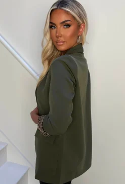 Iconic Chic Khaki Shawl Neck Contrast Leopard Trim Blazer