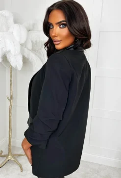 Iconic Illusion Black Faux Leather Trim Shawl Neck Ruched Sleeve Blazer