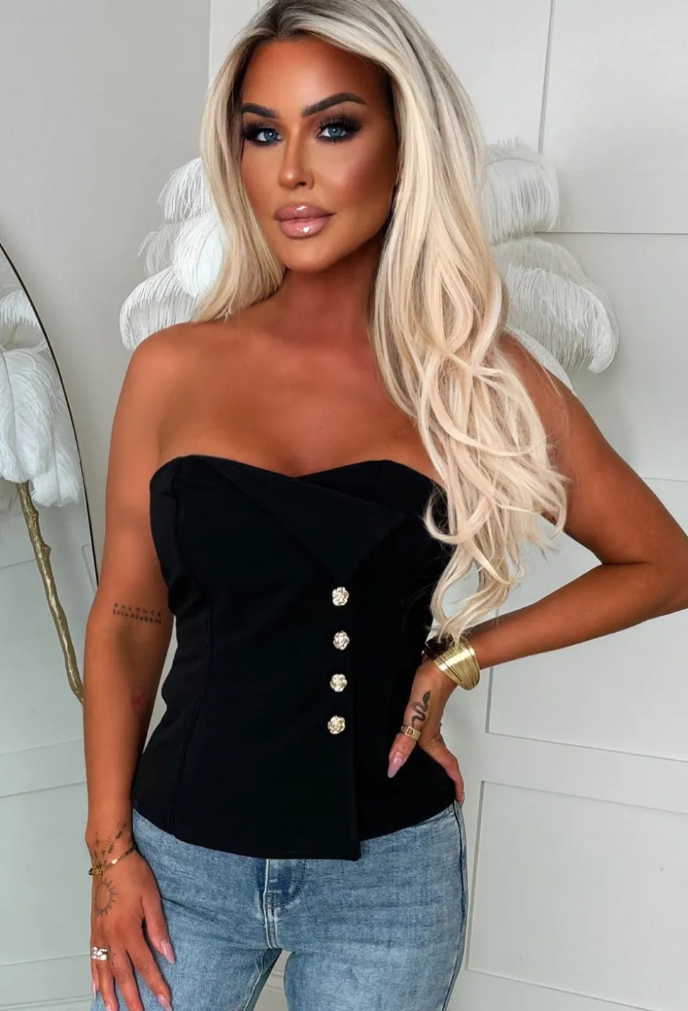 I'm Bossy Black Bandeau Gold Buttoned Blazer Top