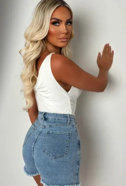I'm That Girl Light Wash Denim Stretch Button Front Skort