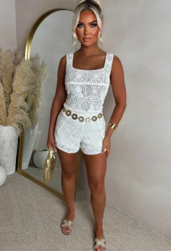 Island Glow Cream Flower Crochet Elasticated Shorts