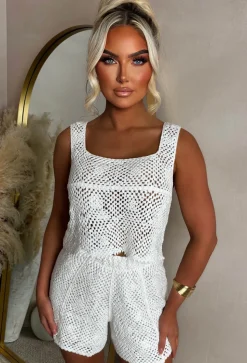 Island Glow Cream Flower Crochet Elasticated Shorts