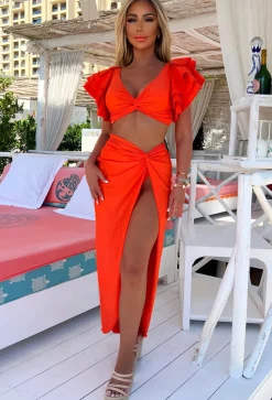 Island Hideout Orange Knot Detail Maxi Skirt Cover Up