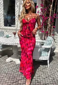 Island Sunset Pink Vivid Print Backless Cami Maxi Dress