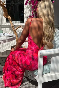 Island Sunset Pink Vivid Print Backless Cami Maxi Dress