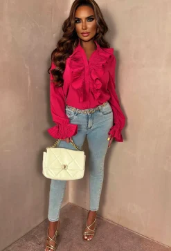It Girl Hot Pink Button Up Frill Blouse