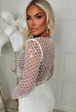 It Girl Season White Sequin Pearl Mesh Top