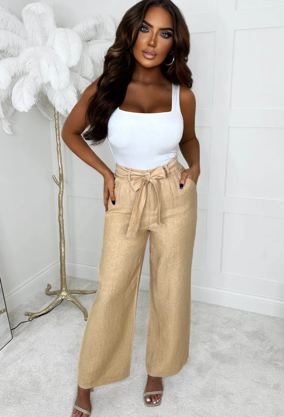It's Trending Beige Wide Leg Pleated Trousers