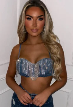 Jean Genie Mid Blue Denim Diamante Tassel Cropped Top