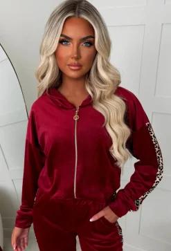 Karma Burgundy Leopard Side Print Velour Loungewear Set