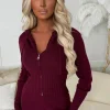 Kassie Burgundy Rib Knit Zip Up Hoodie