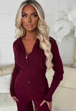 Kassie Burgundy Rib Knit Zip Up Hoodie