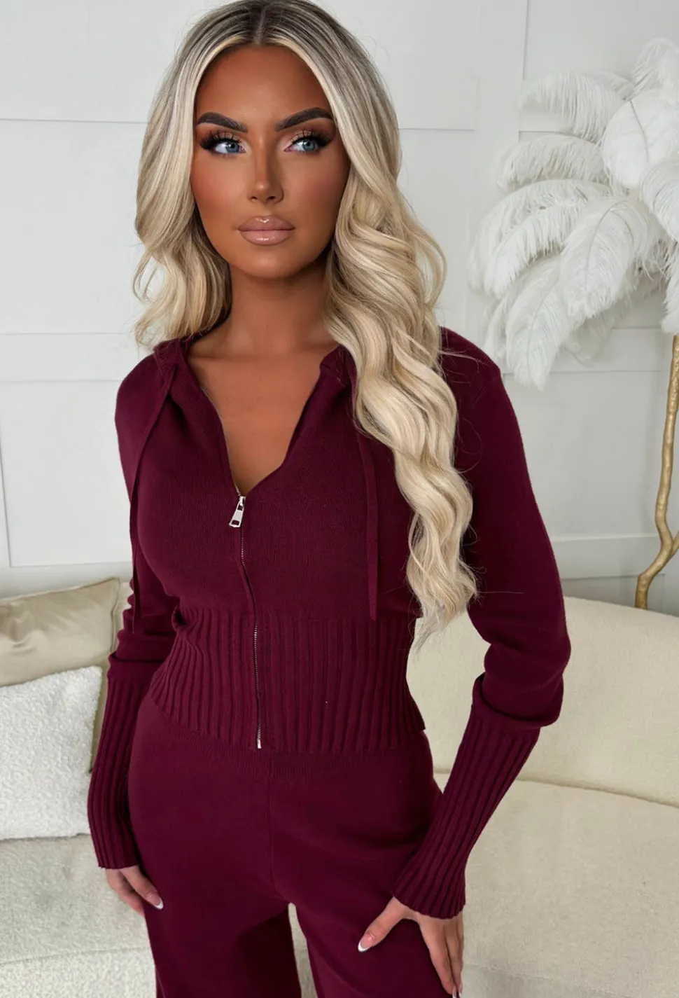 Kassie Burgundy Rib Knit Zip Up Hoodie