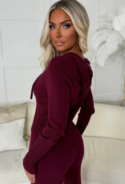 Kassie Burgundy Rib Knit Zip Up Hoodie