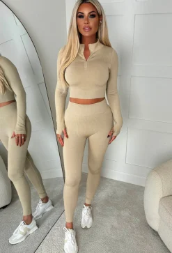 Keep It Cool Beige Half Zip Up Top And Leggings Active Set