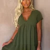 Keep Me Cute Khaki V-Neck Tierred Smock Day Dress