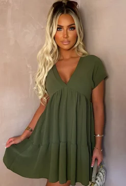 Keep Me Cute Khaki V-Neck Tierred Smock Day Dress