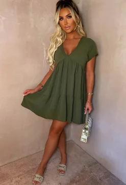 Keep Me Cute Khaki V-Neck Tierred Smock Day Dress