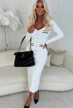 Kimmy Cream Rib Knit Button Detail Midi Dress