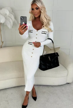 Kimmy Cream Rib Knit Button Detail Midi Dress