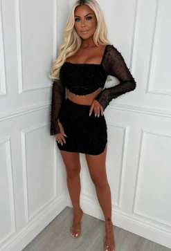 Kira Black Pearl Embellished Crop Top & Skirt Co-Ord