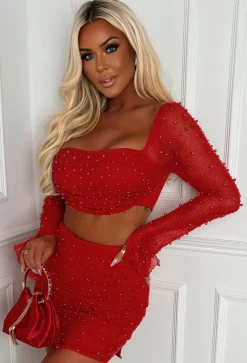 Kira Red Pearl Embellished Crop Top & Skirt Co-Ord