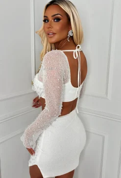 Kira White Pearl Embellished Crop Top & Skirt Co-Ord
