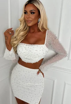 Kira White Pearl Embellished Crop Top & Skirt Co-Ord
