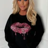 Kiss Me Black Foil Lips Print Sweatshirt
