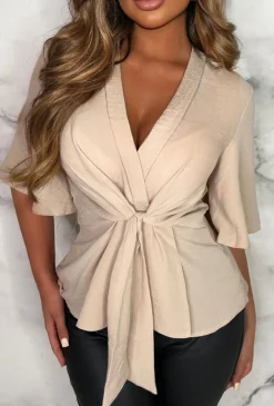 Knot Yours Beige Knot Front Short Sleeve Top