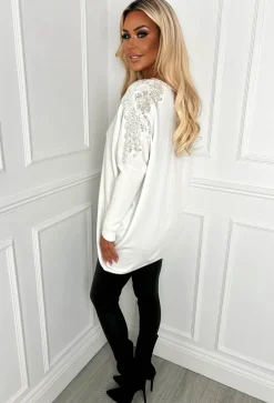 Kourtney Cream Embellished Sleeve V-Neck Jumper