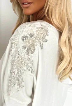 Kourtney Cream Embellished Sleeve V-Neck Jumper
