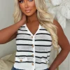La Dolce Vita Cream Gold Button Knitted Stripe Waistcoat