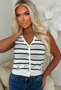 La Dolce Vita Cream Gold Button Knitted Stripe Waistcoat