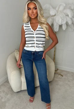 La Dolce Vita Cream Gold Button Knitted Stripe Waistcoat