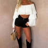 Laced Illusion Black Stretch Denim & Lace Cut Off Shorts