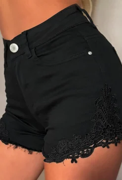 Laced Illusion Black Stretch Denim & Lace Cut Off Shorts