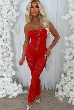 Laced Luxe Red Laced Up Lace Jumpsuit