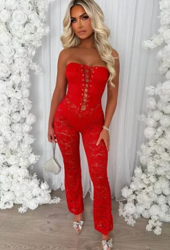 Laced Luxe Red Laced Up Lace Jumpsuit