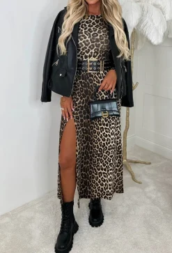 Lady In Leopard Brown Animal Print Long Sleeve Stretch Midi Dress