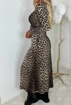 Lady In Leopard Brown Animal Print Long Sleeve Stretch Midi Dress
