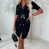Lady In Luxury Black Chain And Button Embellished Belted Knitted Dress