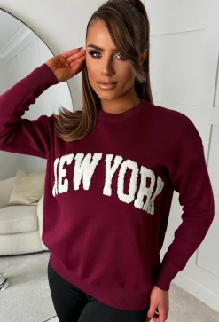 Larissa Burgundy New York Slogan Knitted Jumper