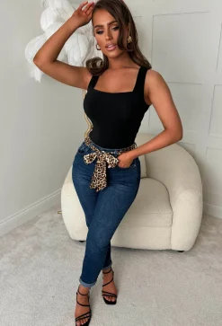 Leopard Illusion Dark Blue Mom Turn Up Stretch Jean With Leopard Print Belt