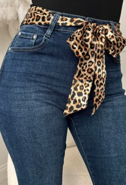 Leopard Illusion Dark Blue Mom Turn Up Stretch Jean With Leopard Print Belt
