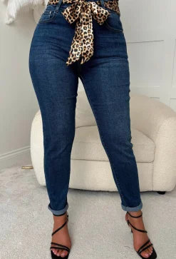 Leopard Illusion Dark Blue Mom Turn Up Stretch Jean With Leopard Print Belt