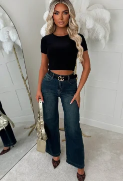 Lia Dark Blue Stretch Wide Leg Jeans