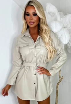 Lisa Marie Nude Belted Stretch Faux Leather Shirt Dress