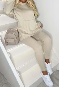 Living The Life Cream Oversized Hood With Ribbed Leggings Two Piece Loungewear Set